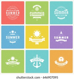 Summer holidays design elements and typography vector set. Retro and vintage style labels and badges good for Posters, greeting cards and advertising. Beach vacation, party, travel, tropical paradise.