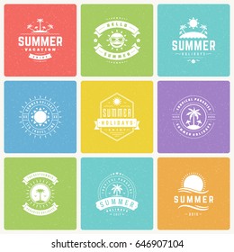 Summer holidays design elements and typography vector set. Retro and vintage style labels and badges good for Posters, greeting cards and advertising. Beach vacation, party, travel, tropical paradise.