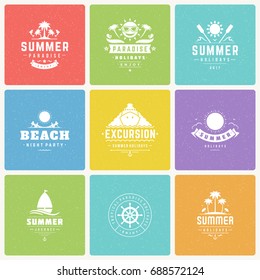 Summer holidays design elements and typography vector set. Retro and vintage style labels and badges good for Posters, greeting cards and advertising. 