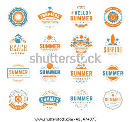Summer Holidays Design Elements and Typography Set Retro and Vintage Templates. Labels and Badges, Beach Party Posters or Flyers Vector. Beach vacation, Travel and Tropical Paradise Adventure.