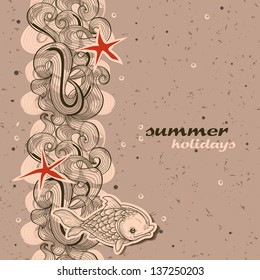 Summer holidays design with sand beach, fish and starfish