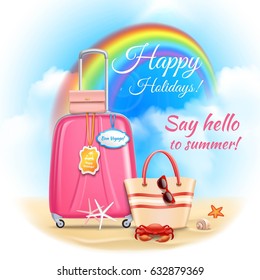 Summer holidays design with suitcase and touristic accessories rainbow marine life on blue sky background vector illustration
