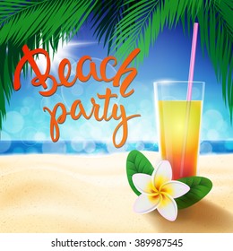 Summer Holidays design template with original hand lettering Beach Party. Illustration for posters, greeting and invitation cards, print and web projects.