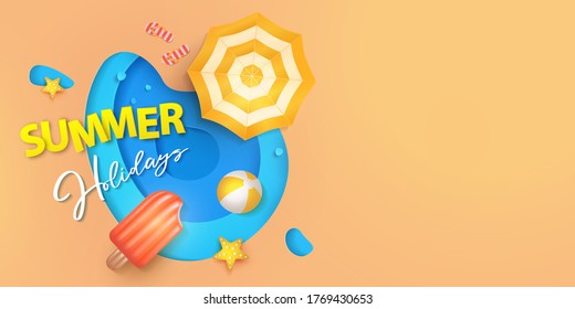 Summer holidays design template for poster, web banner, social media and mobile apps. Paper cut tropical beach top view background with umbrella, flip flops, ball and swim Ice cream air mattress.