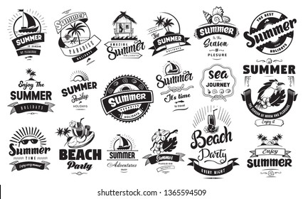 Summer holidays emblems or logo badge set with hand drawn calligraphy. Black vector lettering design for vacation tour on a white background. Typographic symbol with palms flowers bird and other