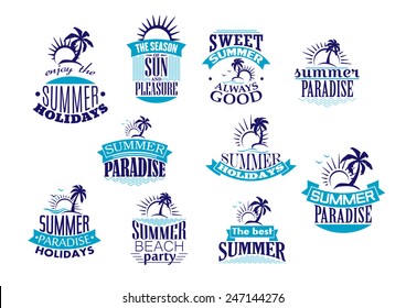 Summer holidays emblems and logo in blue with beach, sunrise, palm tree and wave for travel or leisure design