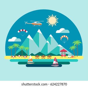 Summer holidays flat design with beach, palms, yachts, watchtower and parachute