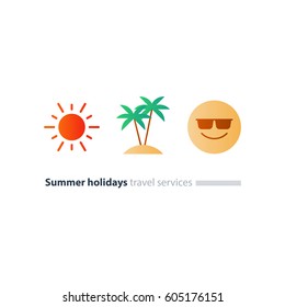 Summer holidays flat icons, fun time, sun and island with palms, happy smile with sunglasses, vector illustration