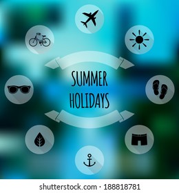 Summer holidays flat icons on blurred background. Web design, mobile interface