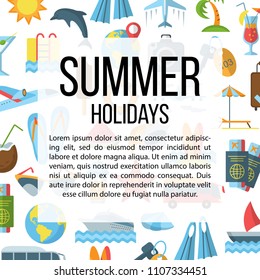 Summer holidays flat pattern with travel vacation and summer icons vector illustration. Colorful symbols of globe tickets keys bus airplane. Concept frame for web site print media apps