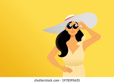 Summer holidays flat vector illustration. Smiling young woman wearing summer clothes, sunglasses, a hat and a dress. Gratuated warm background. Concept of tourism or summer sales, summer deals.