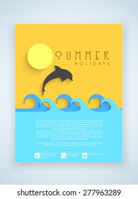 Summer holidays flyer, template or brochure design with silhouette of a jumping fish.