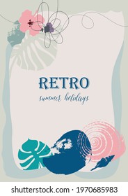 Summer holidays frame, marine life backround, sea shells border in retro style