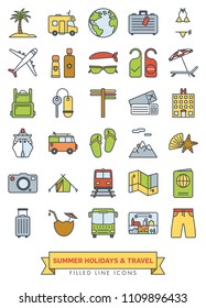 Summer holidays and global travel line icons with color fill collection