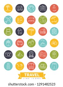 Summer holidays and global travel round line icon collection