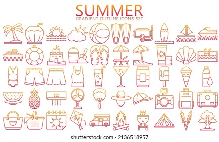Summer and Holidays gradient outline Icons set. simple concept symbol of tourism, travel recreation, beach and season. Used for web, UI, UX kit and applications, vector EPS 10 ready convert to SVG.