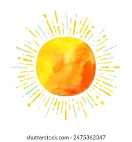 Summer holidays greeting card. Watercolor sun with multicolored sunburst. Vector illustration with copy space.