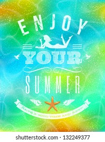 Summer holidays greeting emblem on a tropical sea bottom background - vector illustration