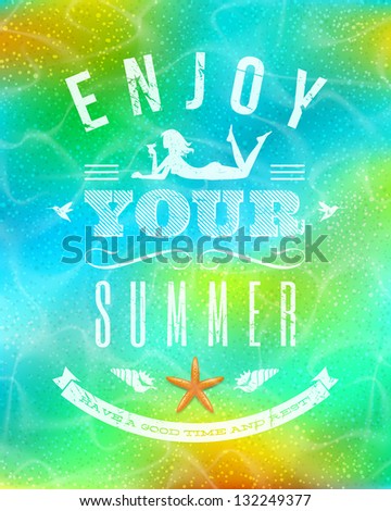 Summer holidays greeting emblem on a tropical sea bottom background - vector illustration