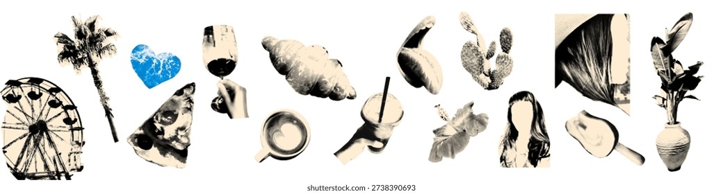 Summer holidays halftone collage elements set Pizza slice, wine, coffee, croissant, Ferris wheel and female silhouettes. Summer vibes, travel and leisure vector illustration for mixed media design