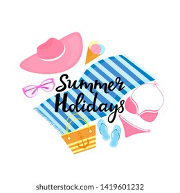 Summer Holidays hand drawn lettering. Beach bag, swimsuit, sunglasses, sun hat, slippers, ice cream, towel.