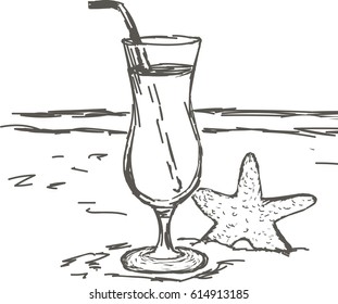 Summer holidays hand-drawn, sandy beach with seashells, starfish and cocktail. Sketch, vector
