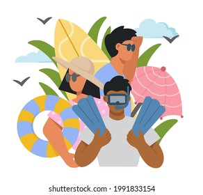 Summer holidays. Happy people relaxing on the beach. Swimming in the sea, diving, sunbathing. Vacation season. Rest and activity. Healthy lifestyle. Flat vector illustration. 