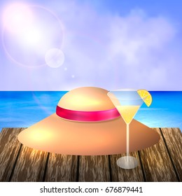 Summer holidays. A hat and glass with a cocktail on a wooden bridge on the seashore. Summer background. Vector illustration