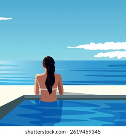 Summer holidays. Hello summer. Woman back view on vacation swimming and sunbathing in the pool on the background of the sea. Vector illustration. Use for projects vacation, travel and tourism