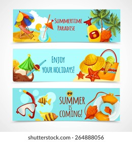 Summer holidays horizontal banners set with recreation elements isolated vector illustration