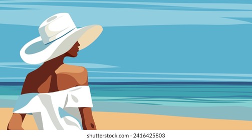 Vacaciones de verano. Banner plano vectorial horizontal con lugar para texto. Turismo. Mujer de vacaciones vestida de blanco, traje de baño y sombrero caminando por la playa. Vista posterior de la mujer