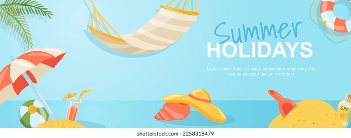 Banner web horizontal de vacaciones de verano. Playa de mar, hamaca, palmera, paraguas, bola, cóctel, sombrero, vacaciones de isla tropical. Ilustración vectorial para el sitio web de cabecera, plantillas de portada en diseño moderno