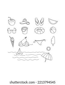 Summer and Holidays Icons. beach icon set in flat style. beach icon isolated on white background. Perfect for coloring book, textiles, icon, web, painting, books, t-shirt print.