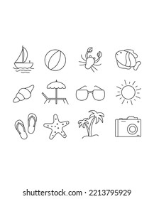 Summer and Holidays Icons. beach icon set in flat style. beach icon isolated on white background. Perfect for coloring book, textiles, icon, web, painting, books, t-shirt print.