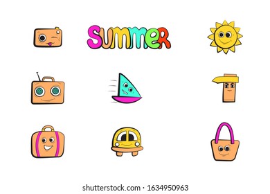 Summer holidays icons set. Cartoon character. Summertime travel vector illustration.