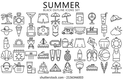 Summer and Holidays Icons set. Monoline concept Symbol of tourism, travel recreation, beach and season. Used for web, UI, UX kit and applications, vector EPS 10 ready convert to SVG.