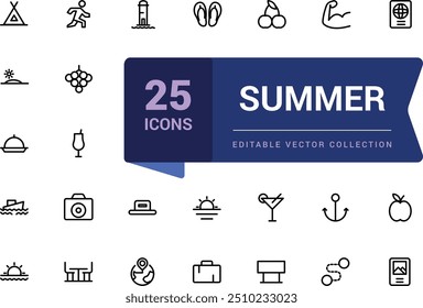 Summer and holidays icons set. Pixel perfect, minimalistic web and UI icon. Outline icon collections. Editable vector illustration.