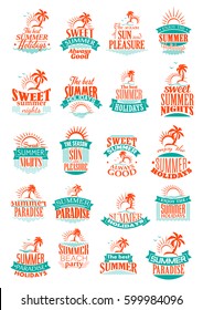 Summer holidays icons set. Sea holiday vacations or travel adventure symbols of sun and sand beach paradise, ocean waves with palms and sunset for relax resort and rest pleasure