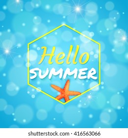 Summer holidays illustration. Blue summer background with starfish. Hello summer. Vector