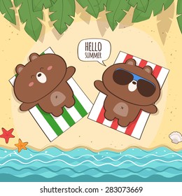 Summer holidays illustration with cute bear characters