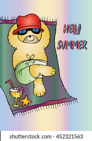 Summer holidays illustration with cute bear. Doodle style.