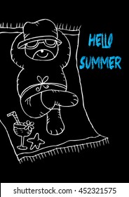 Summer holidays illustration with cute bear. Doodle style.