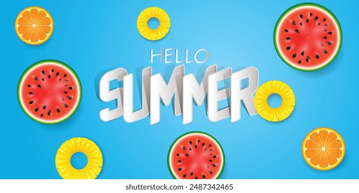 Summer holidays illustration, Hello summer with Fruit slice, Watermelon, orange and pineapple for banner, flyer, invitation, poster, web site or greeting card.