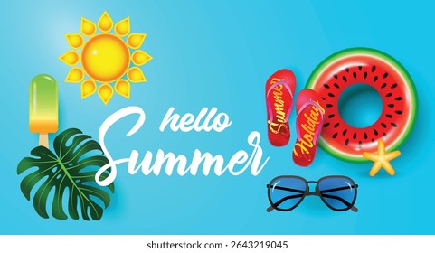 Summer holidays illustration, Hello summer layout banners design. poster, greeting card flyer header for website.