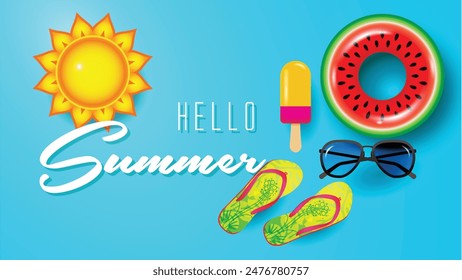 Ilustración de vacaciones de verano, Hola verano con anillo de natación, sandalias de playa, helado, gafas de sol y sol.