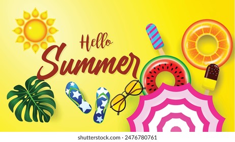 Summer holidays illustration, Hello summer with Swim ring,  beach sandals, ice-cream, sunglasses and sun.