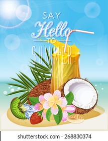 Summer holidays illustration. Huge glass with exotic cocktail and summer greeting on the tropical beach