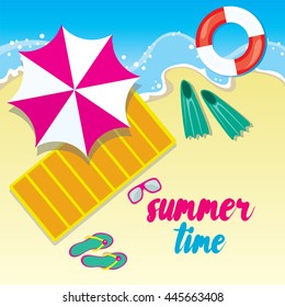 Summer and holidays. The illustration on the theme of tourism and recreation. Flat. Postcard and poster.