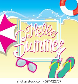 Summer and holidays. The illustration on the theme of tourism and recreation. Flat. Postcard and poster. Lettering. Hello summer.
