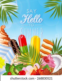 Summer holidays illustration. Poster with tropical plants, palm leaves, ice cream, fruit, berries.